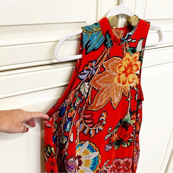 Anthropologie Maeve Larkhill Mockneck Women Orange Floral Sleeveless Swing Dress - Picture 7 of 13